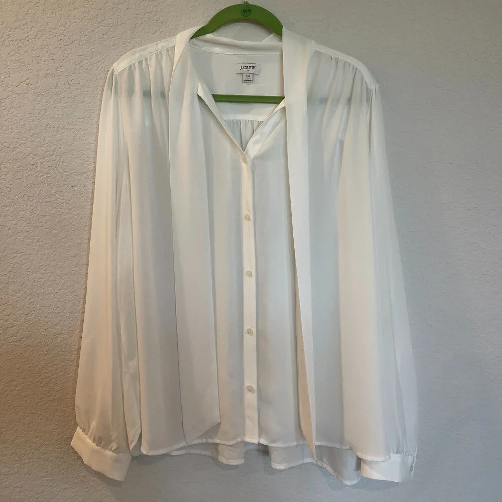 J. Crew White Tie Neck Blouse